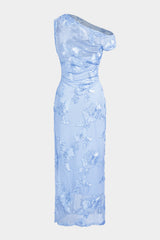 "3D Floral Mesh One Shoulder Short Sleeve Maxi Dress"