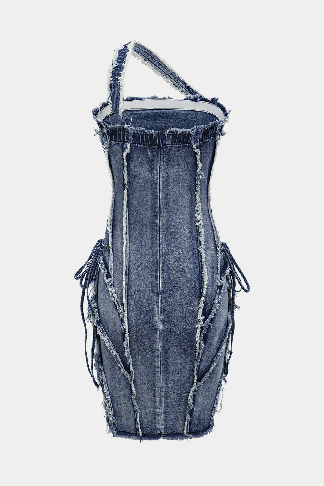 "Asymmetric Frayed Denim Mini Dress"