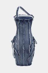 "Asymmetric Frayed Denim Mini Dress"