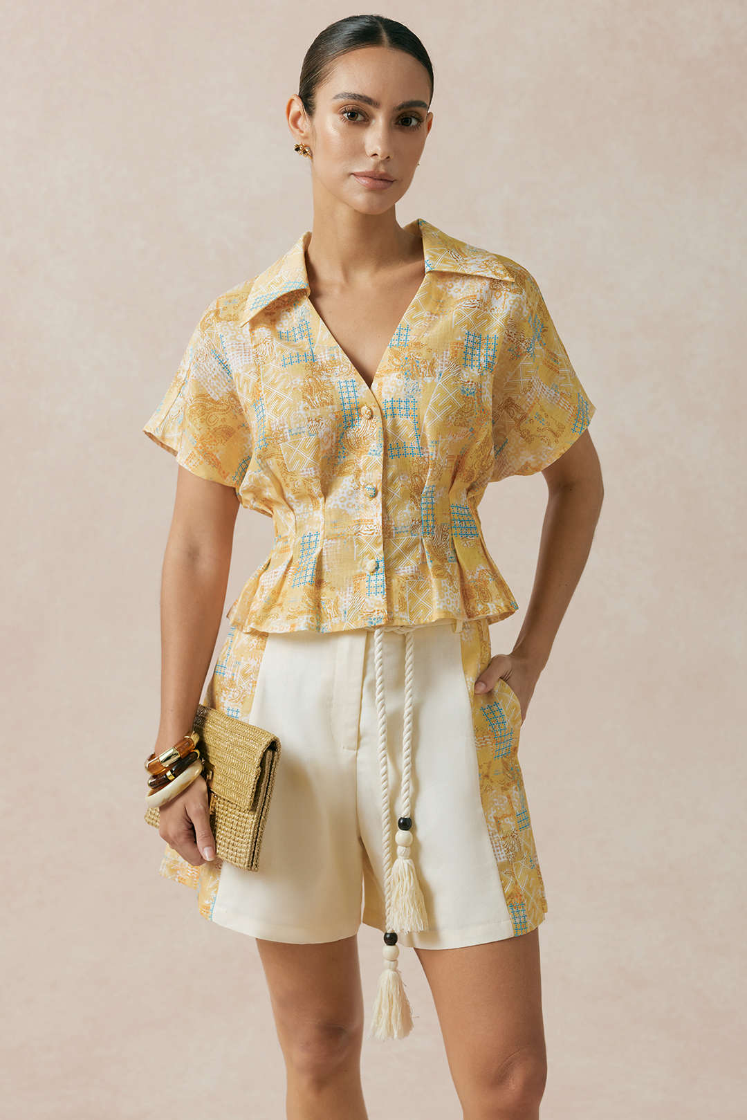 "Contrast Print Linen Wide Leg Shorts"