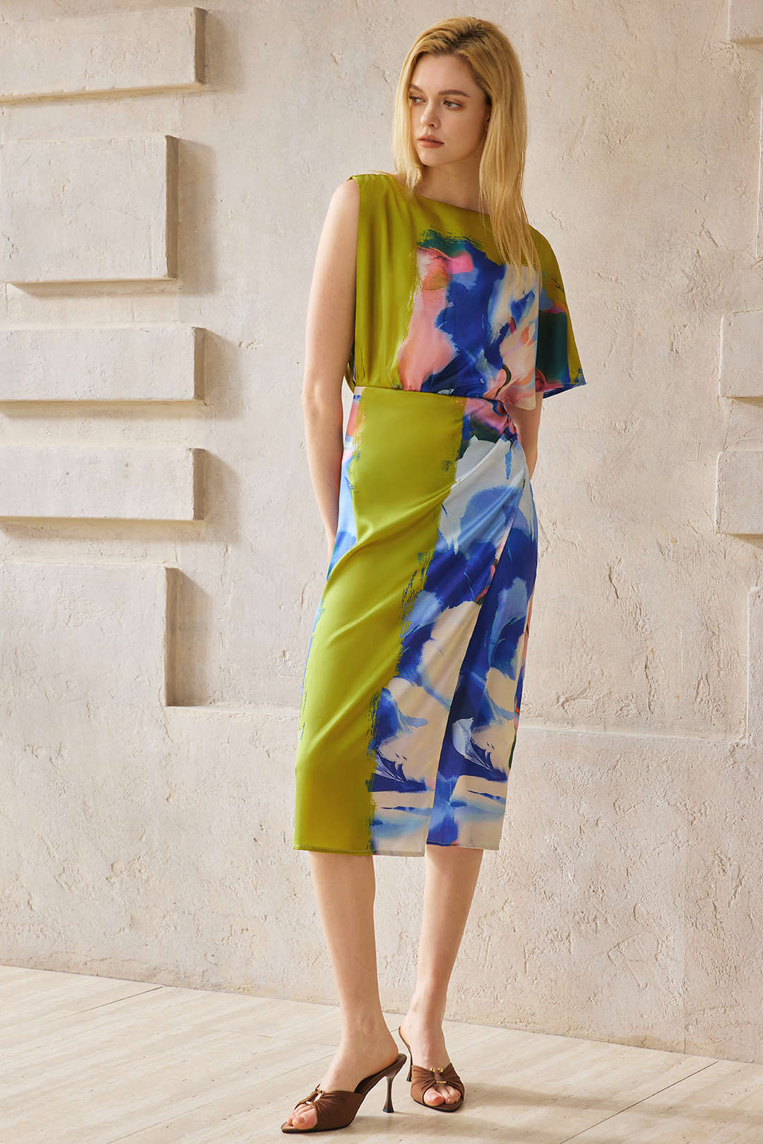 "Abstract Print Satin Asymmetrical Short-Sleeve Maxi Dress"