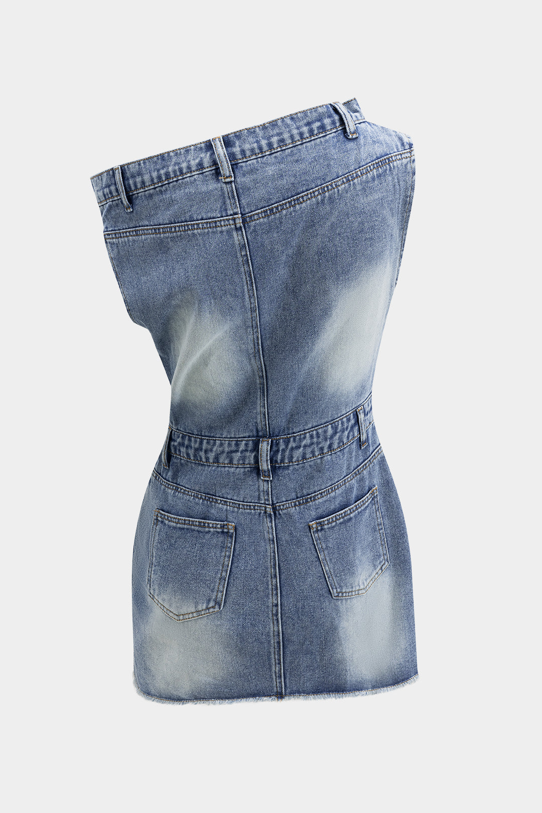 "Denim Asymmetric Neckline Mini Dress"
