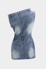 "Denim Asymmetric Neckline Mini Dress"