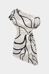 "Contrast Print Satin One Shoulder Ruched Short Sleeve Mini Dress"