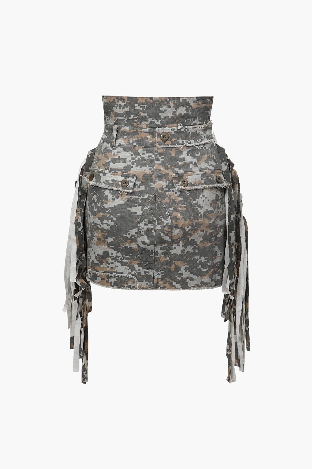 "Camo Frayed Patchwork Fringe Mini Skirt"