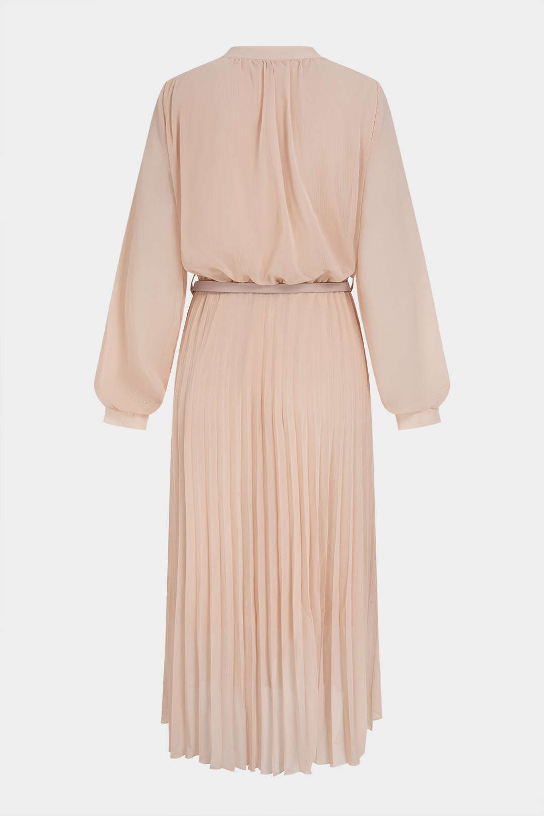 "Chiffon Round Neck Belted Pleated Long Sleeve Midi Dress"