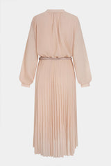 "Chiffon Round Neck Belted Pleated Long Sleeve Midi Dress"