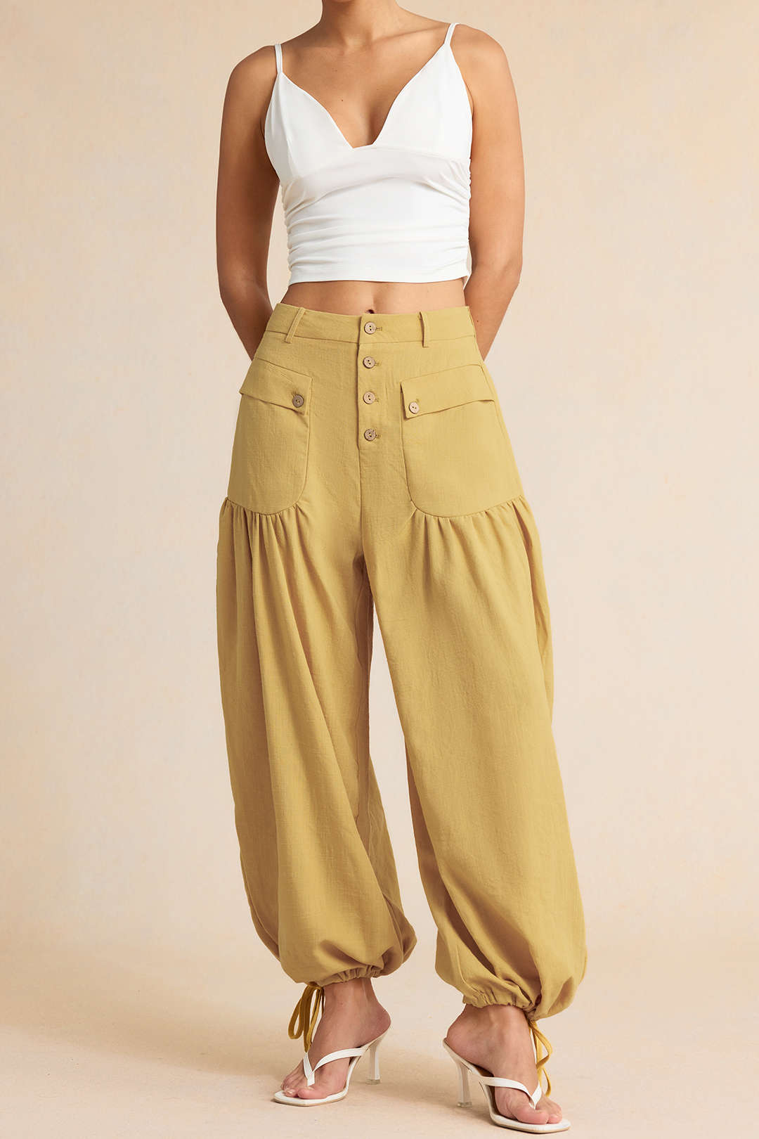 "Button Pocket Tie-Up Pants"