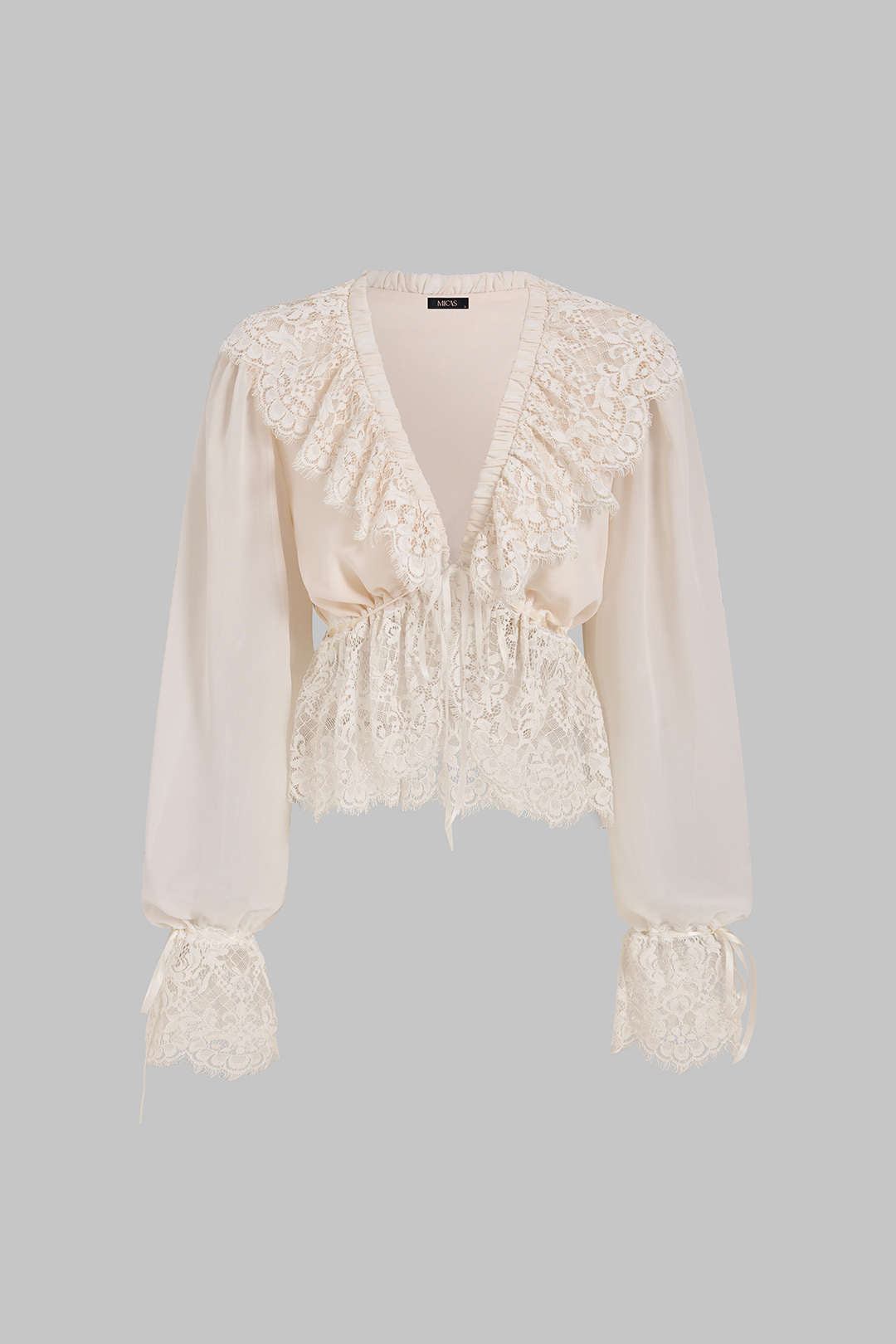 "Chiffon Patchwork Lace Trim Drawstring Long Sleeve Shirt"