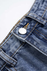 "Denim Mesh Patchwork Frayed Ruched Ruffle Slit Skirt"