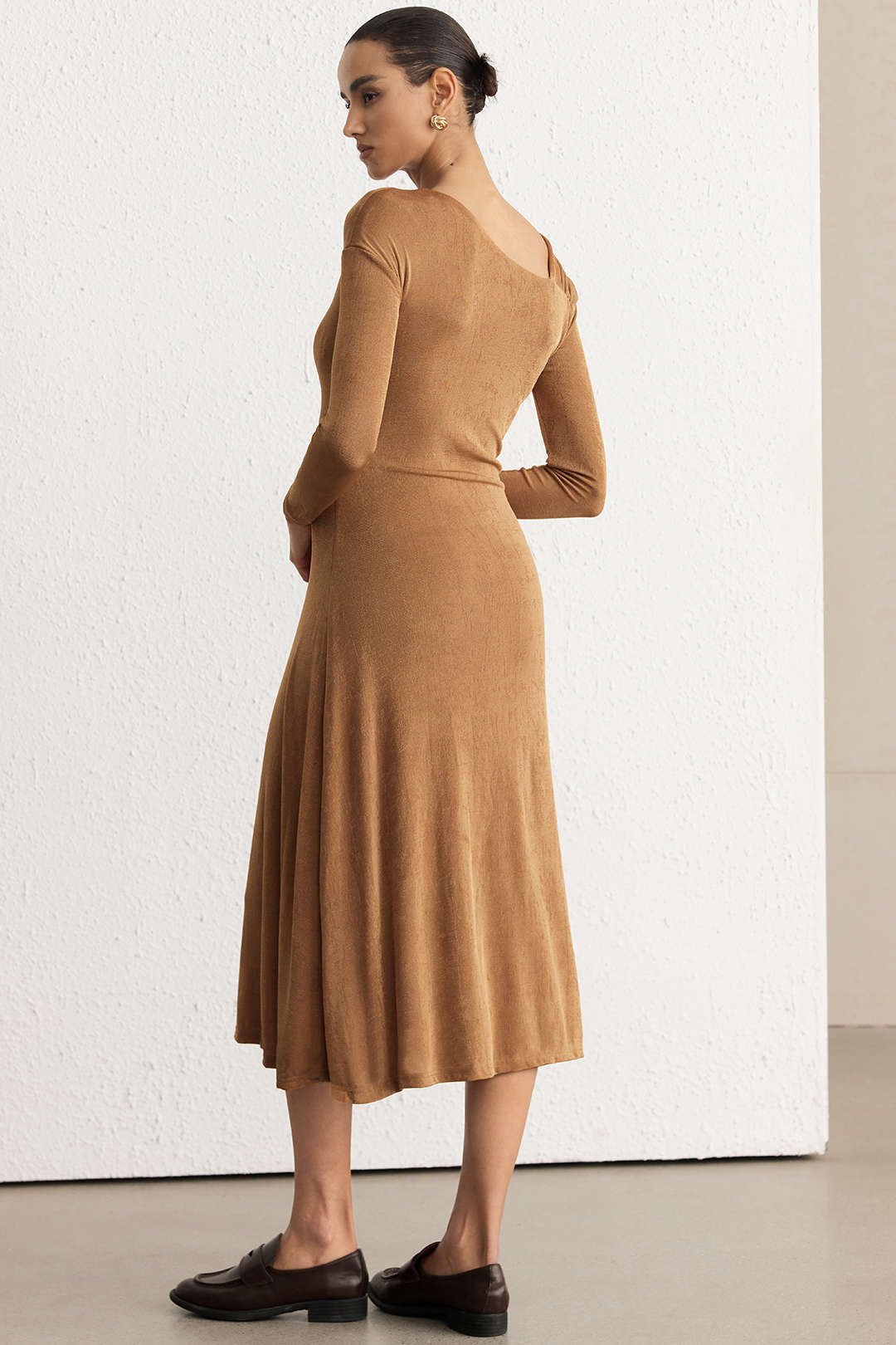 "Asymmetrical Neck Long Sleeve Midi Dress"