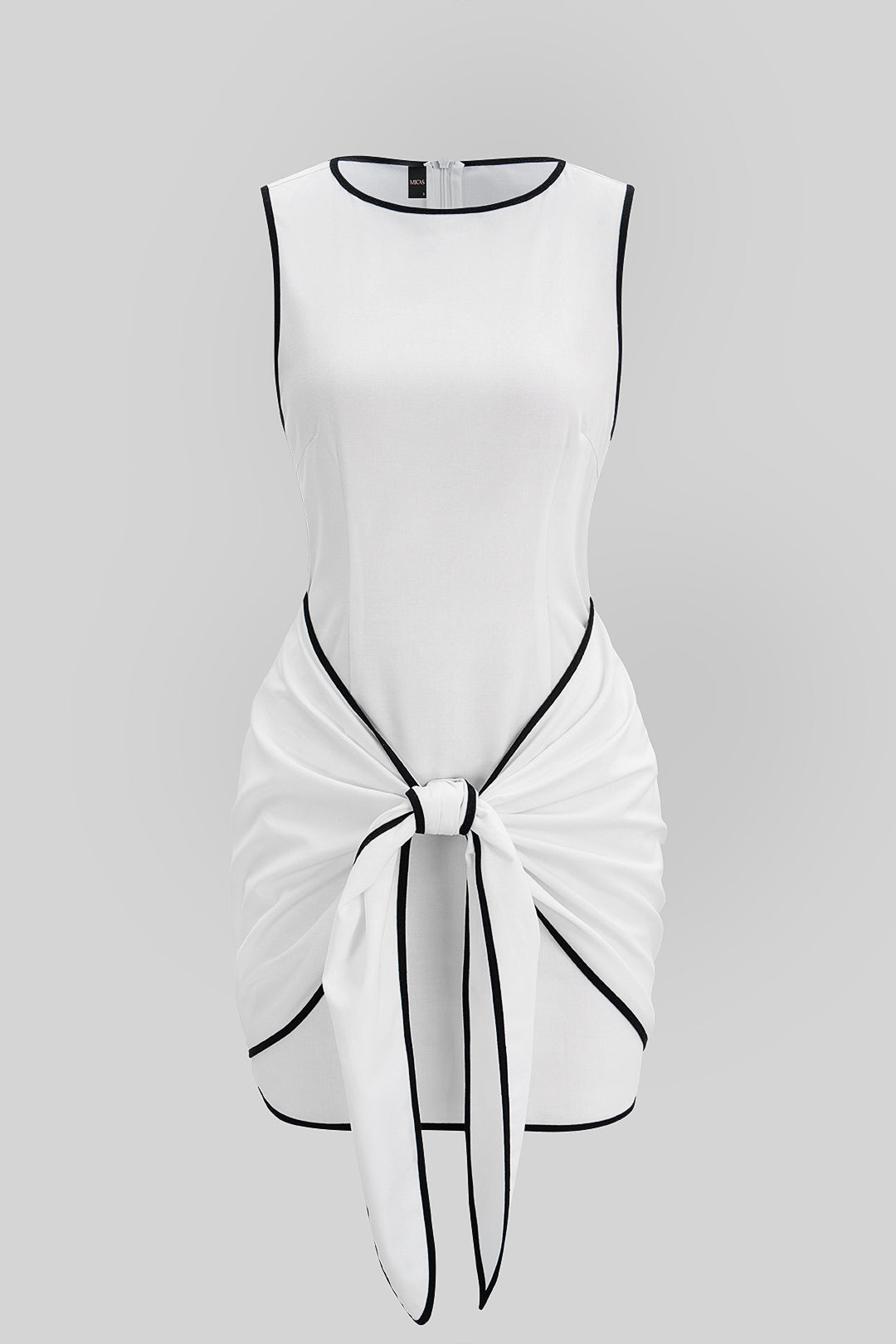 "Contrast Binding Round Neck Tie Front Sleeveless Mini Dress"