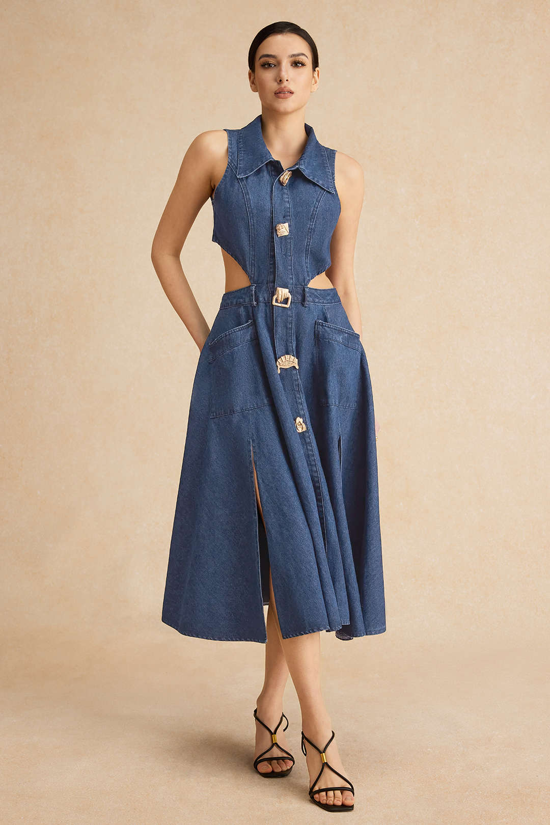 "Denim Button Cut Out Midi Dress"