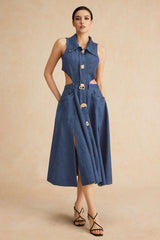 "Denim Button Cut Out Midi Dress"