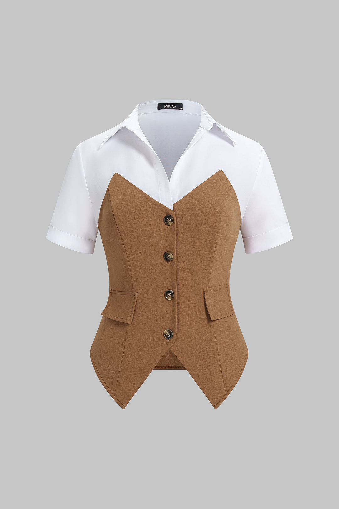 "Contrast Lapel Short Sleeve Top"