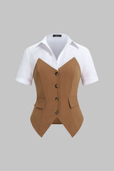 "Contrast Lapel Short Sleeve Top"