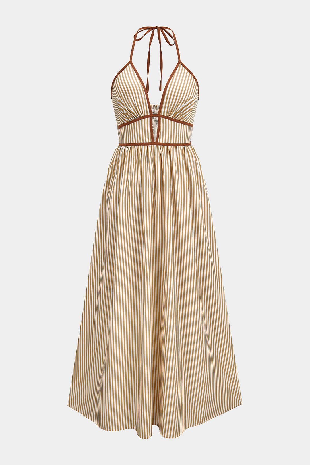 "Contrast Stripes Print V-Neck Halter Neck Sleeveless Maxi Dress"