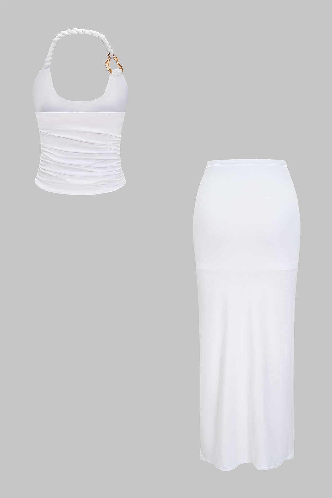 "Asymmetrical Twist Knot Metallic Skirt Set"