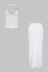 "Asymmetrical Twist Knot Metallic Skirt Set"