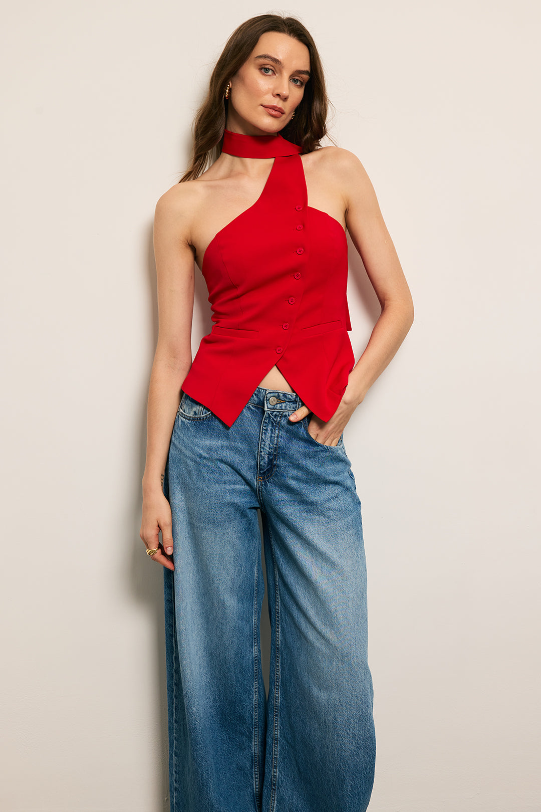 "Button Halter Neck Backless Tank Top"