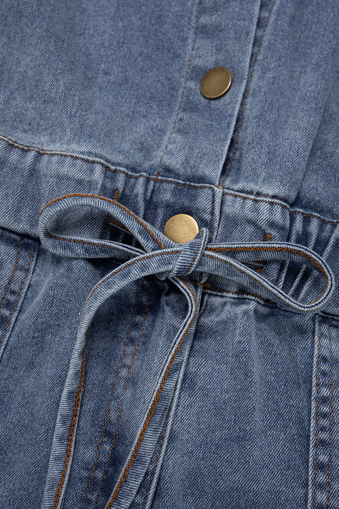 "Denim Button Drawstring Pocket Short-Sleeve Jumpsuit"