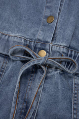"Denim Button Drawstring Pocket Short-Sleeve Jumpsuit"