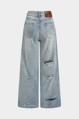 "Denim Asymmetrical Ripped High Waist Straight Leg Jeans"