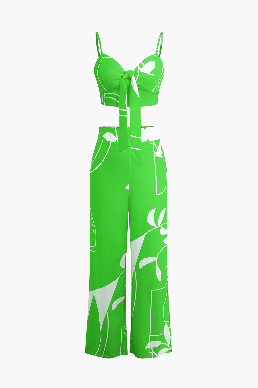 "Bamboo Leaf Print Knot Cami Top And Pants Set"