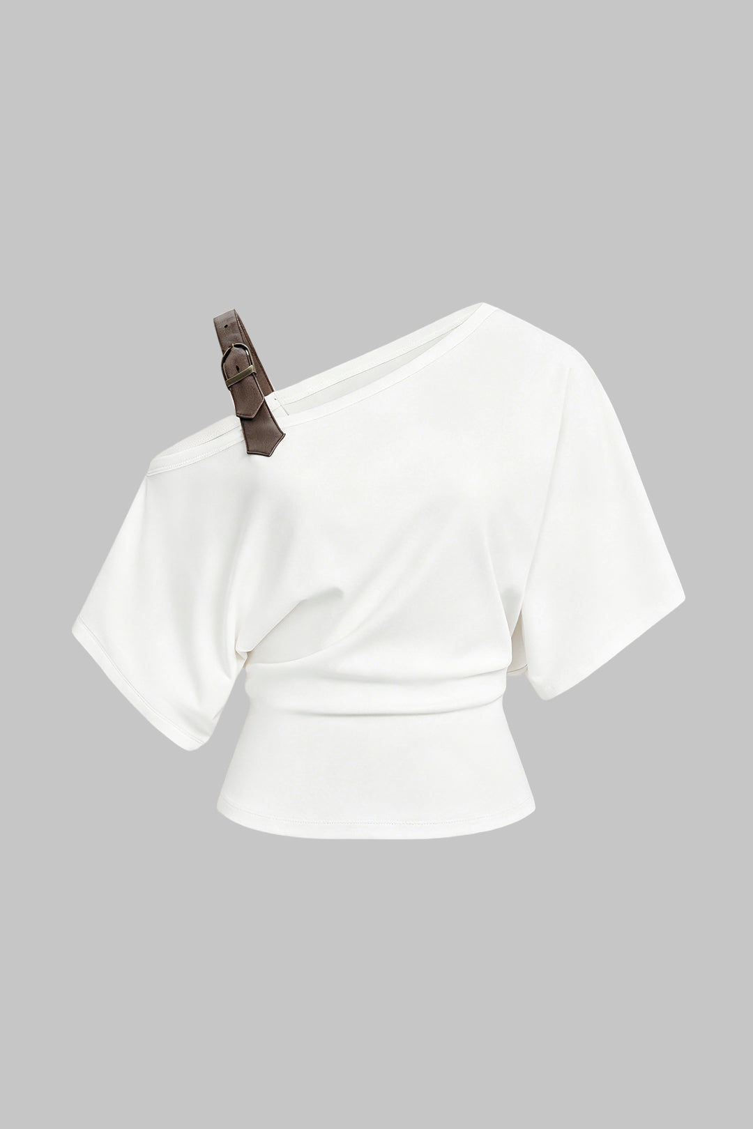 "Asymmetrical Faux Leather Buckle One Shoulder Short Sleeve Top"