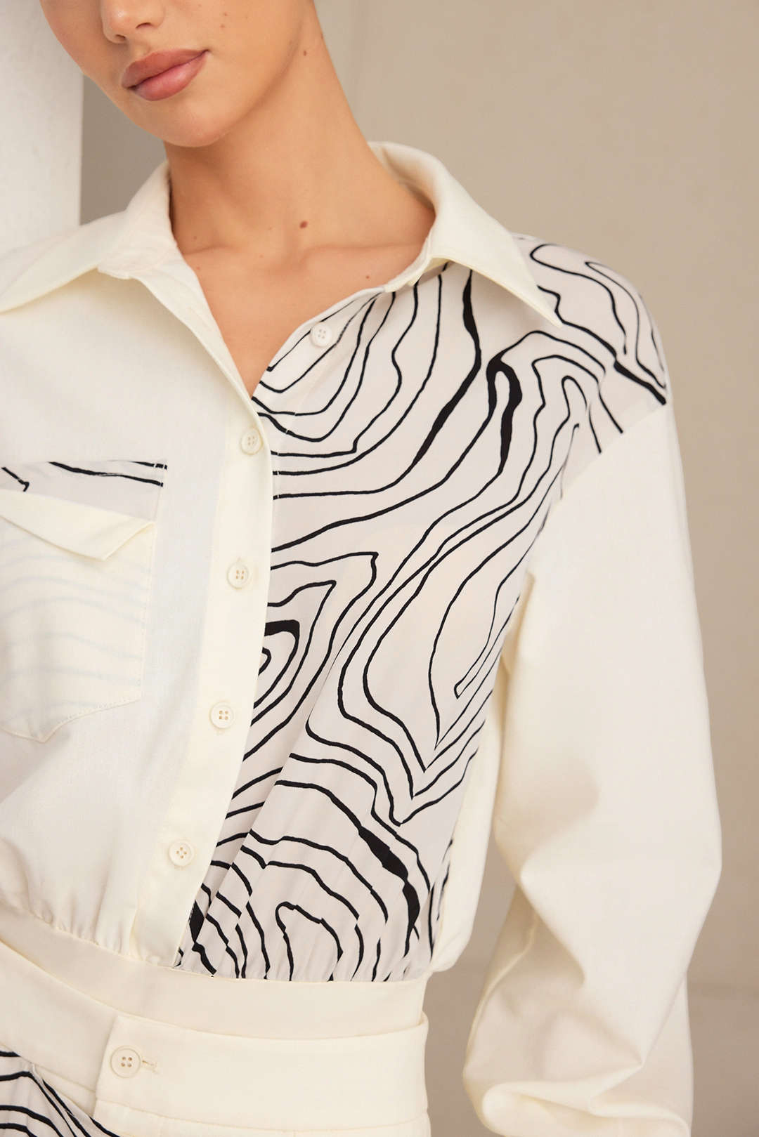 "Abstract Print Patchwork Button Pocket Long Sleeve Bodysuit"