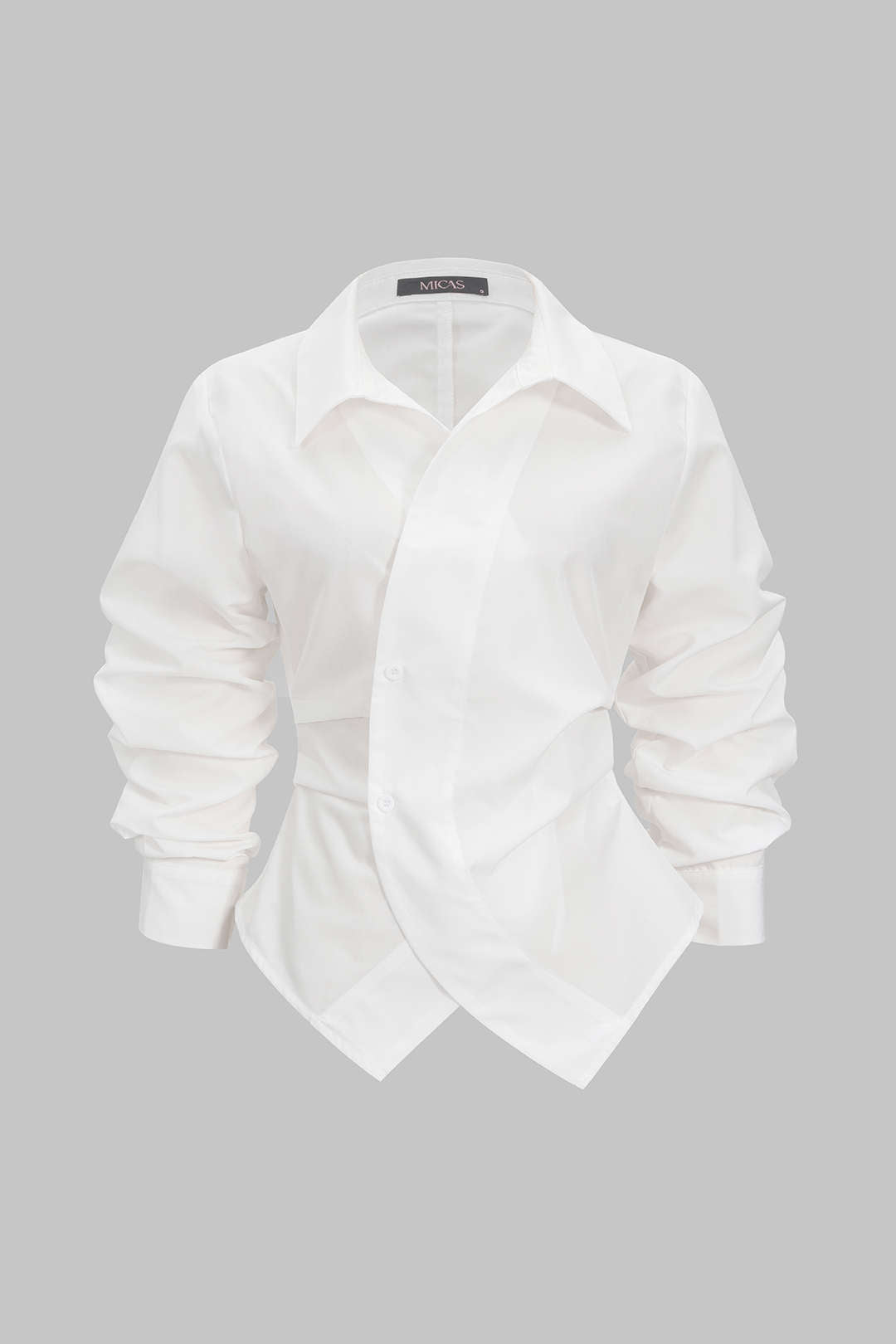"Button Irregular Ruched Long-Sleeve Shirt"