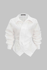 "Button Irregular Ruched Long-Sleeve Shirt"