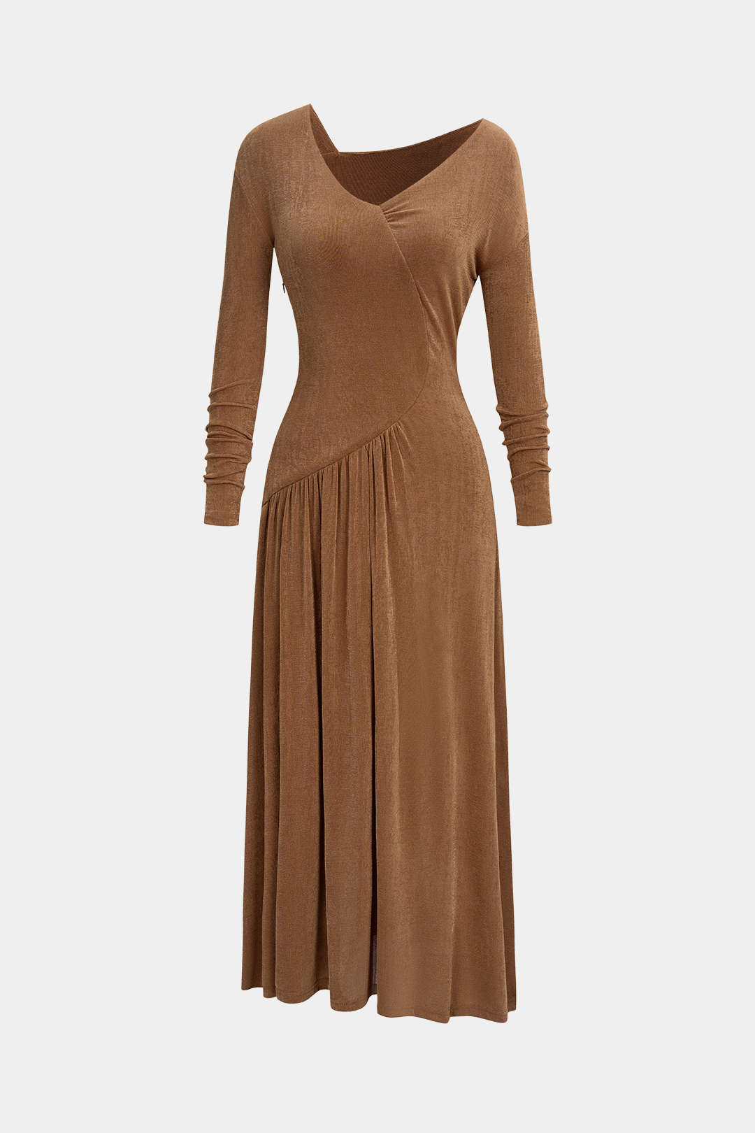 "Asymmetrical Neck Long Sleeve Midi Dress"