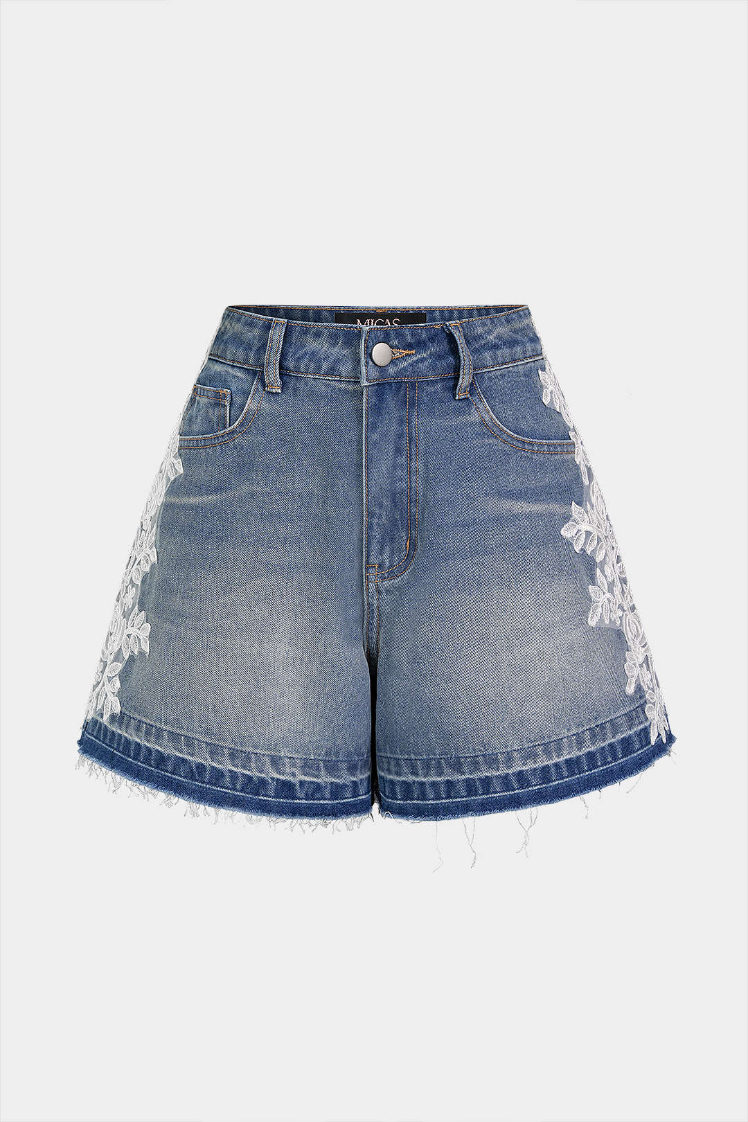 "Denim Lace Trim Embroidery Shorts"