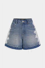 "Denim Lace Trim Embroidery Shorts"