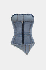 "Denim Frayed Asymmetrical Tube Top"