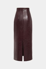 "Basic Solid Faux Leather Midi Skirt"