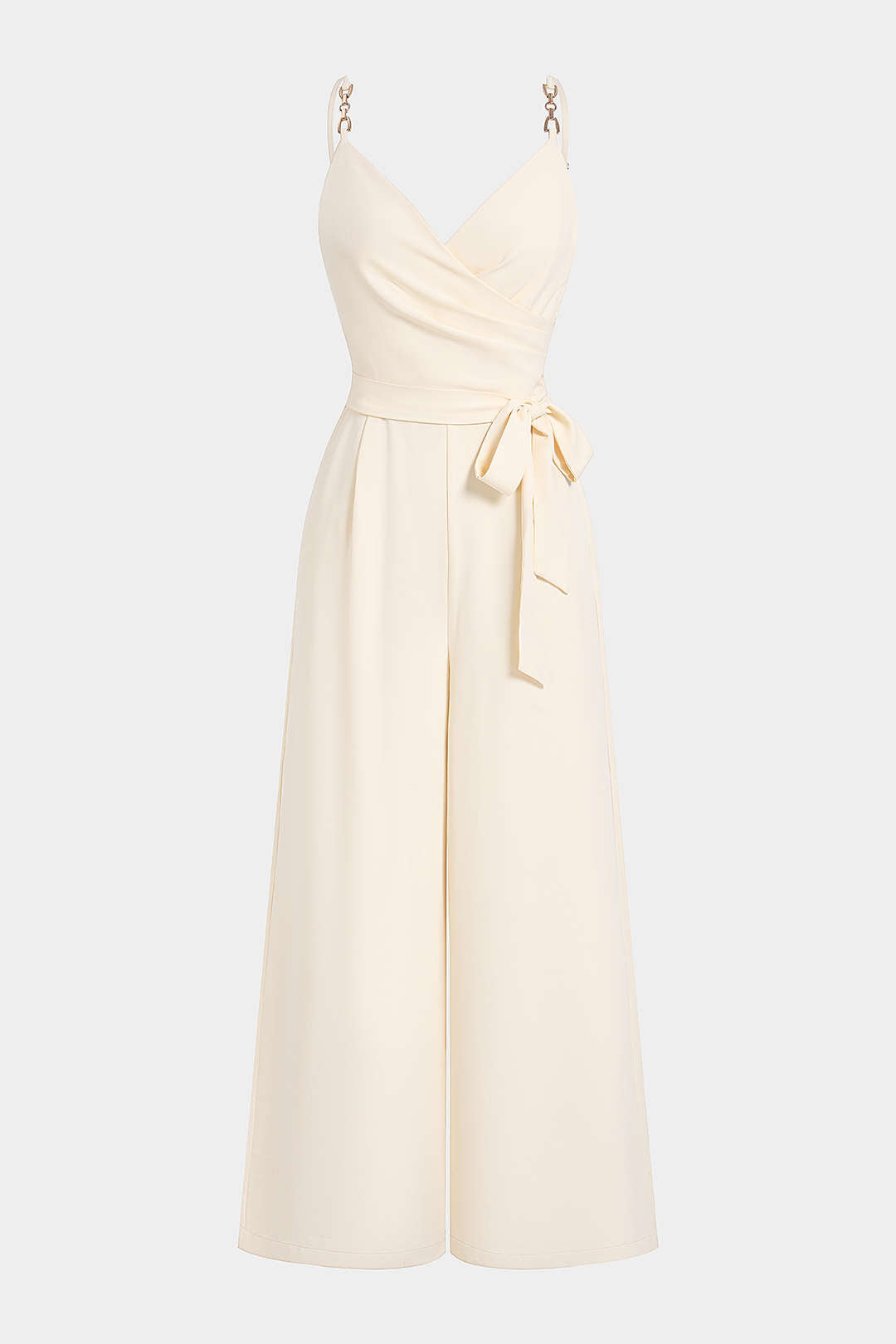 "Crossed V-Neck Tie Front Metallic Chain Sleeveless Jumpsuit"