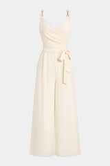 "Crossed V-Neck Tie Front Metallic Chain Sleeveless Jumpsuit"