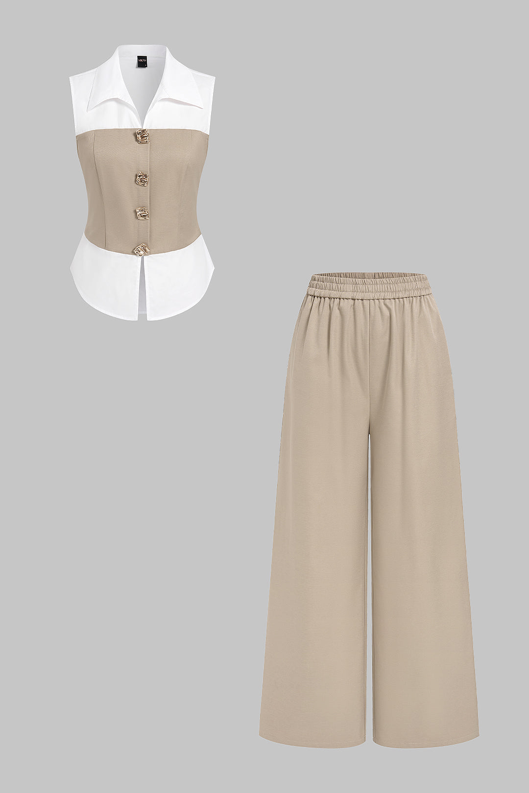 "Contrast Metallic Button Vest And Wide Leg Pants Set"