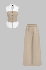 "Contrast Metallic Button Vest And Wide Leg Pants Set"