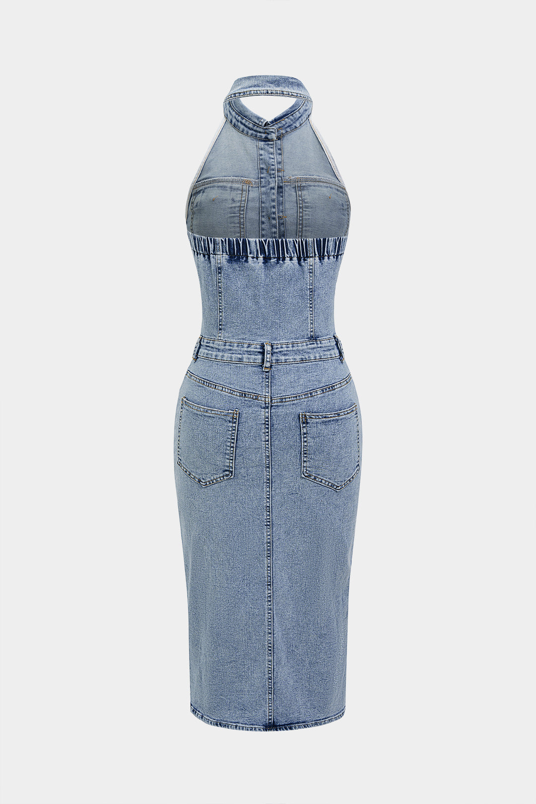 "Denim Button Halter Neck Backless Sleeveless Midi Dress"
