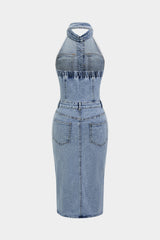 "Denim Button Halter Neck Backless Sleeveless Midi Dress"