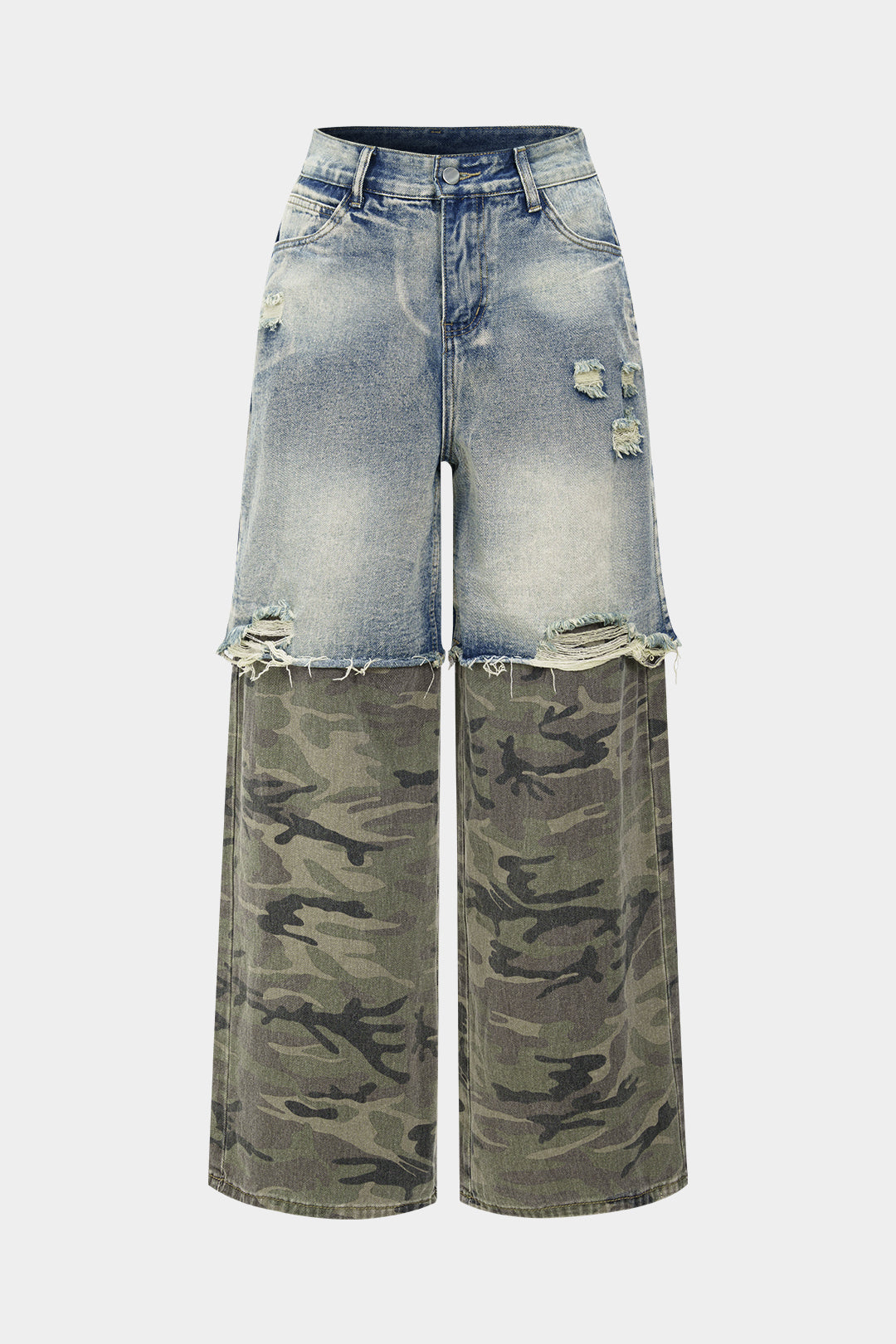 "Camo Print Denim Patchwork Button Pocket Jeans"
