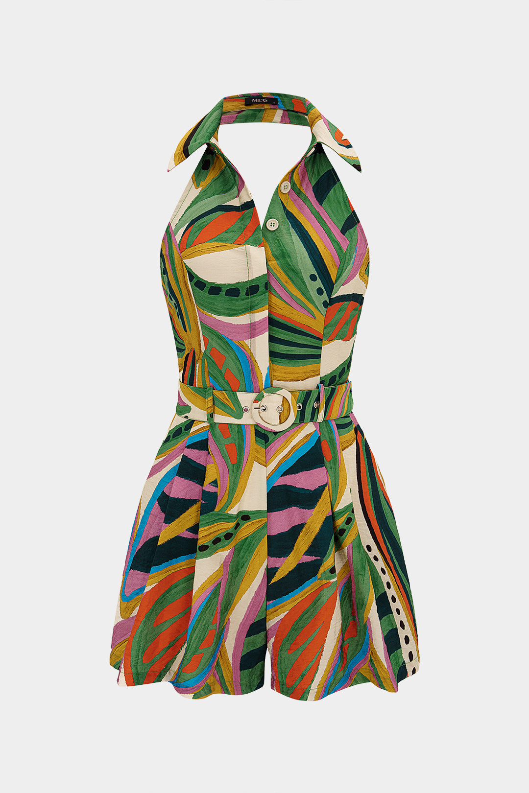 "Abstract Contrast Print Button Halter Neck Ruched Belted Sleeveless Romper"