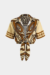 "Bohemian Print Tie Front Short-Sleeve Shirt"