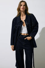 "Denim Belted Long Sleeve Shirt"