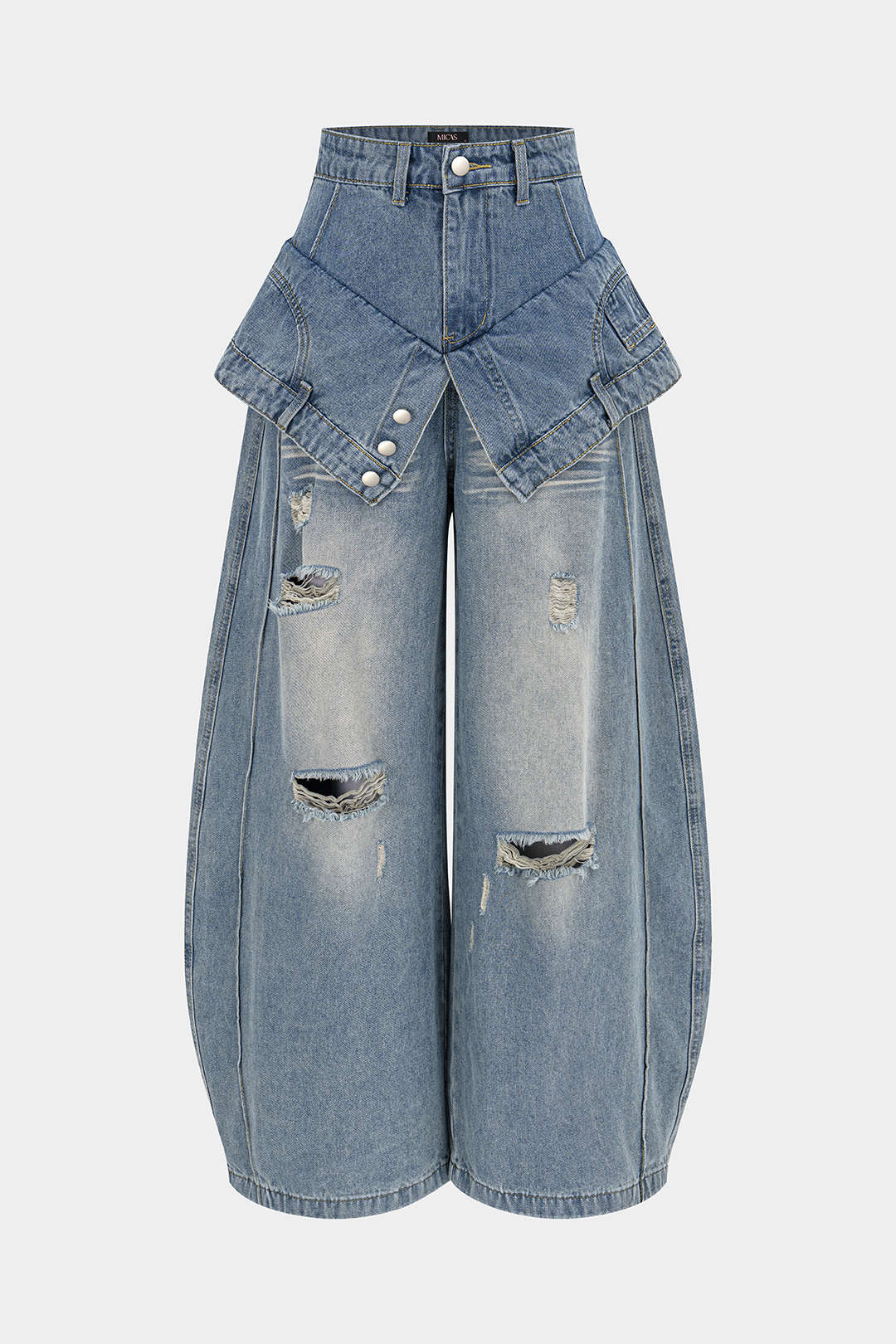 "Denim Double Waistband Asymmetrical Ripped Wide Leg Jeans"