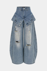 "Denim Double Waistband Asymmetrical Ripped Wide Leg Jeans"