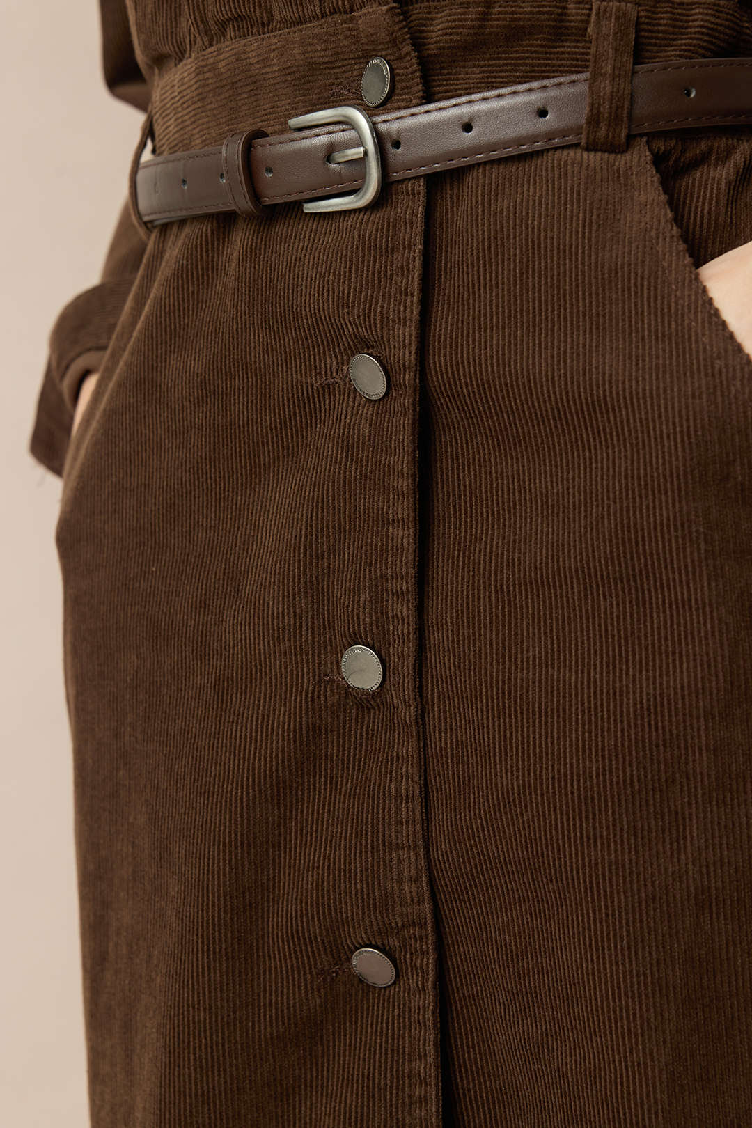 "Corduroy Notched Lapel Button Pocket Belted Long Sleeve Midi Dress"